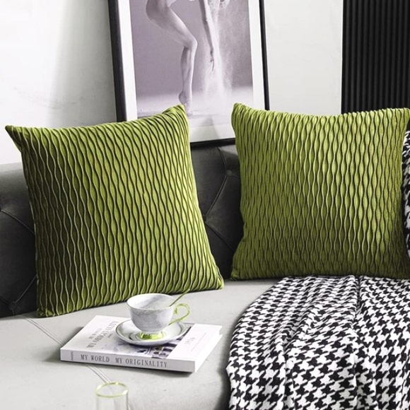 Set of 2 Matcha Green Tea Soft Ripple Corduroy Velvet Pillow Covers Pillows New - Picture 2 of 9